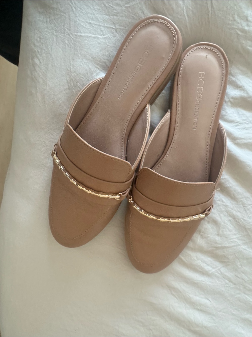 BCBGeneration Tan Slip-On Chain-Accent Mules